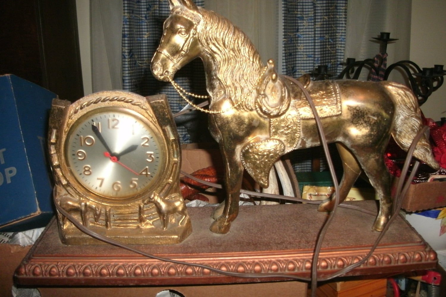 Vintage Brass horse with clock and horse shoe