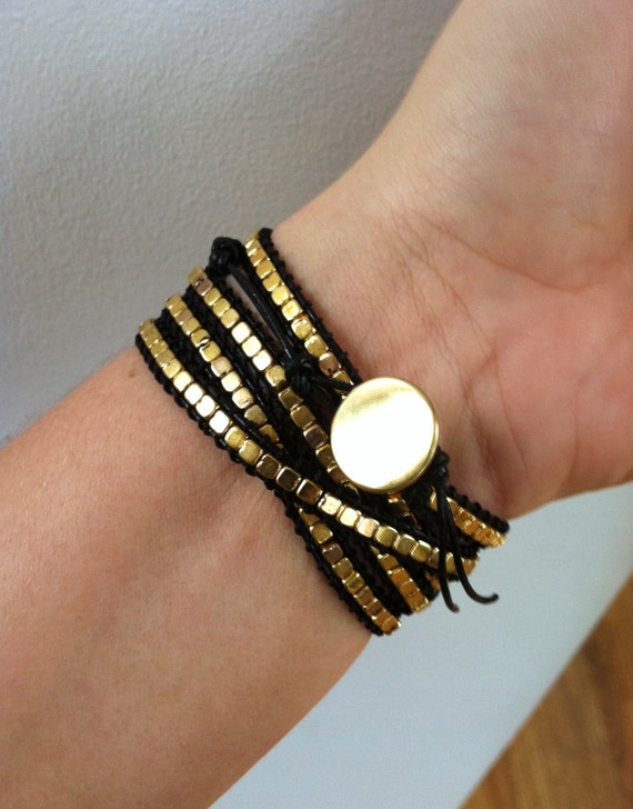 Gold Beaded Black Cord Wrap Bracelet by GLAMROCKSdesigns on Etsy