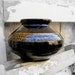 Vintage Black Vase, Black wide vase with golden trim, ceramic vase
