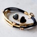 Reserved for Sveta - Black Leather Bracelet with Golden Small hearts and Tubes and enamel hearts earrings studsby pardes israel