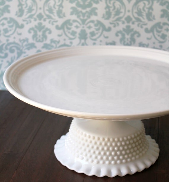 14 Ceramic Cake Stand / Milk Glass Cake Pedestal / White