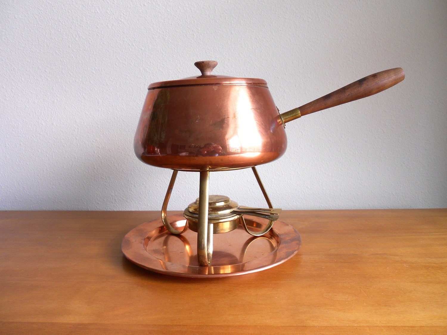 Copper Fondue Set Tagus Portugal Pot Stand Burner Plate