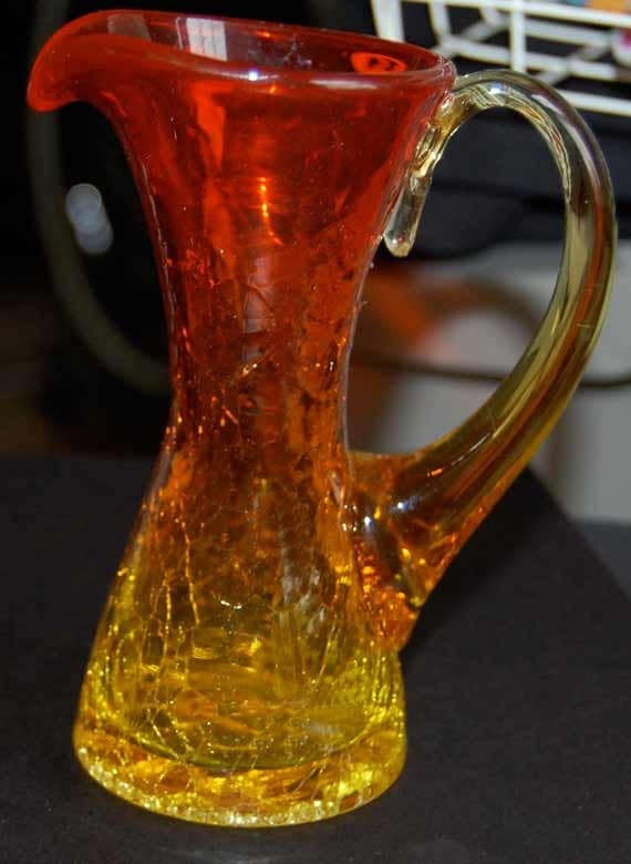 Vintage Blenko Crackle Glass Mini Tangerine Amberina Pitcher