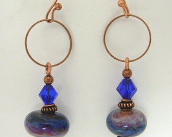 Cobalt Blue,Purple,Grey Lampwork & Copper Earrings