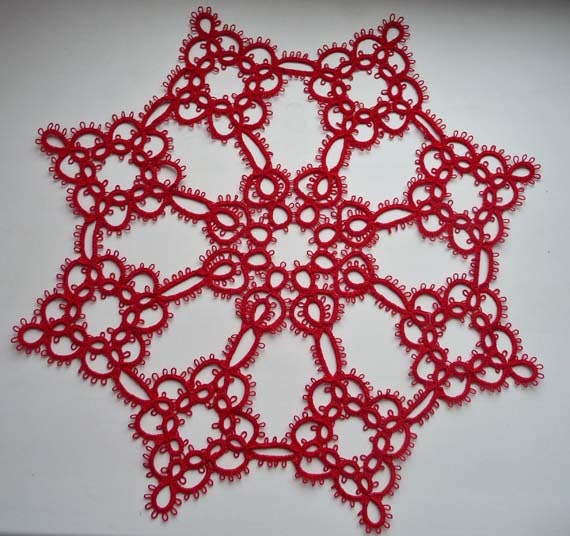 Handcrafted Tatting Snowflake Red Doily - Home decor - Housewarming - Needle tatting