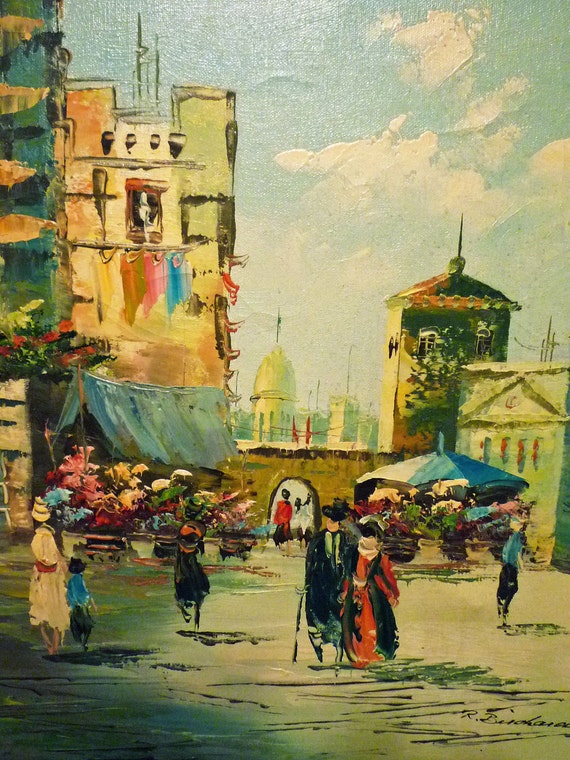 IMPRESSIONIST Mid century OIL Painting Mexican Street Scape.