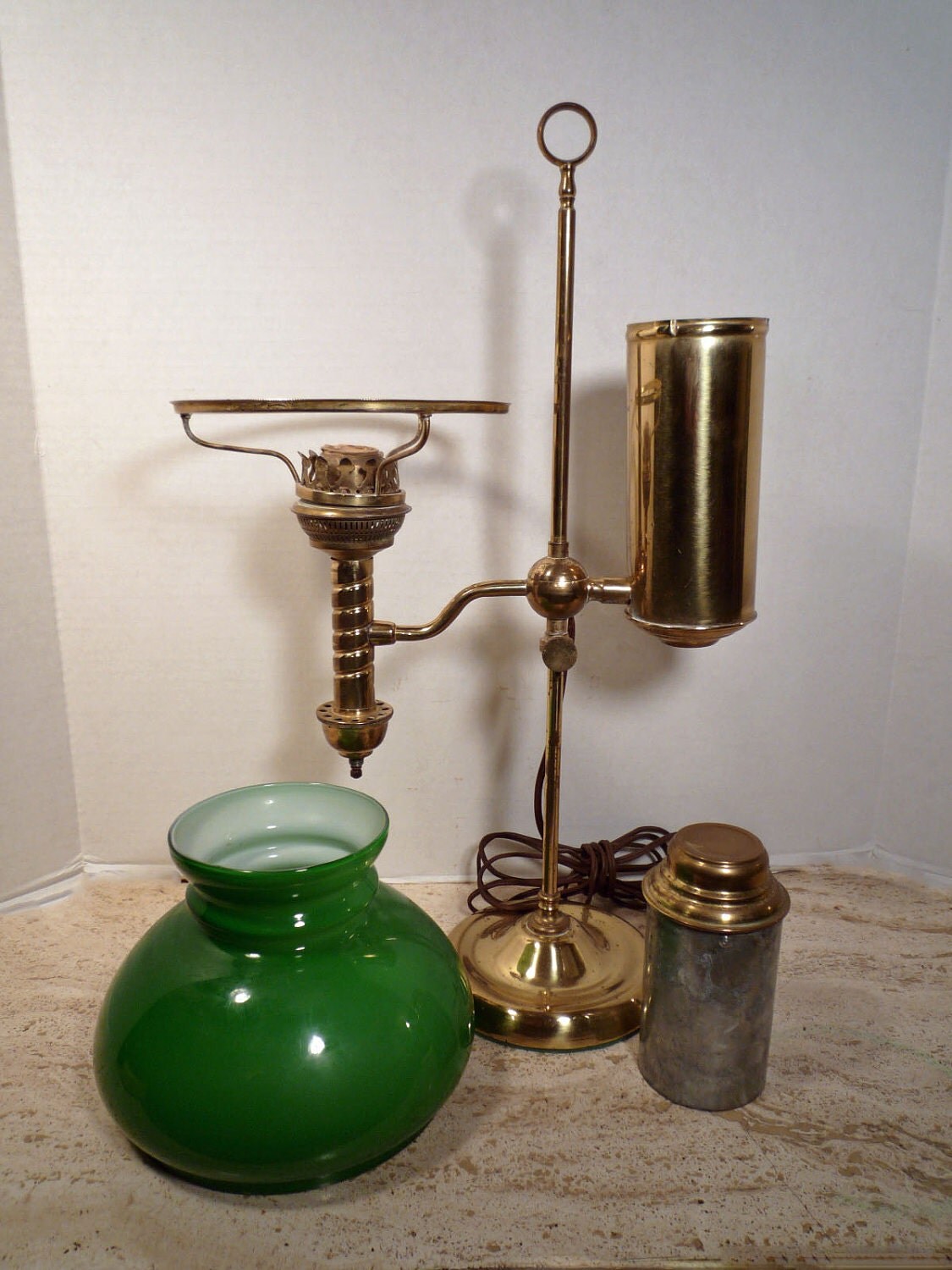 Antique BRASS Student OIL LAMP w/ Green glass Shade.