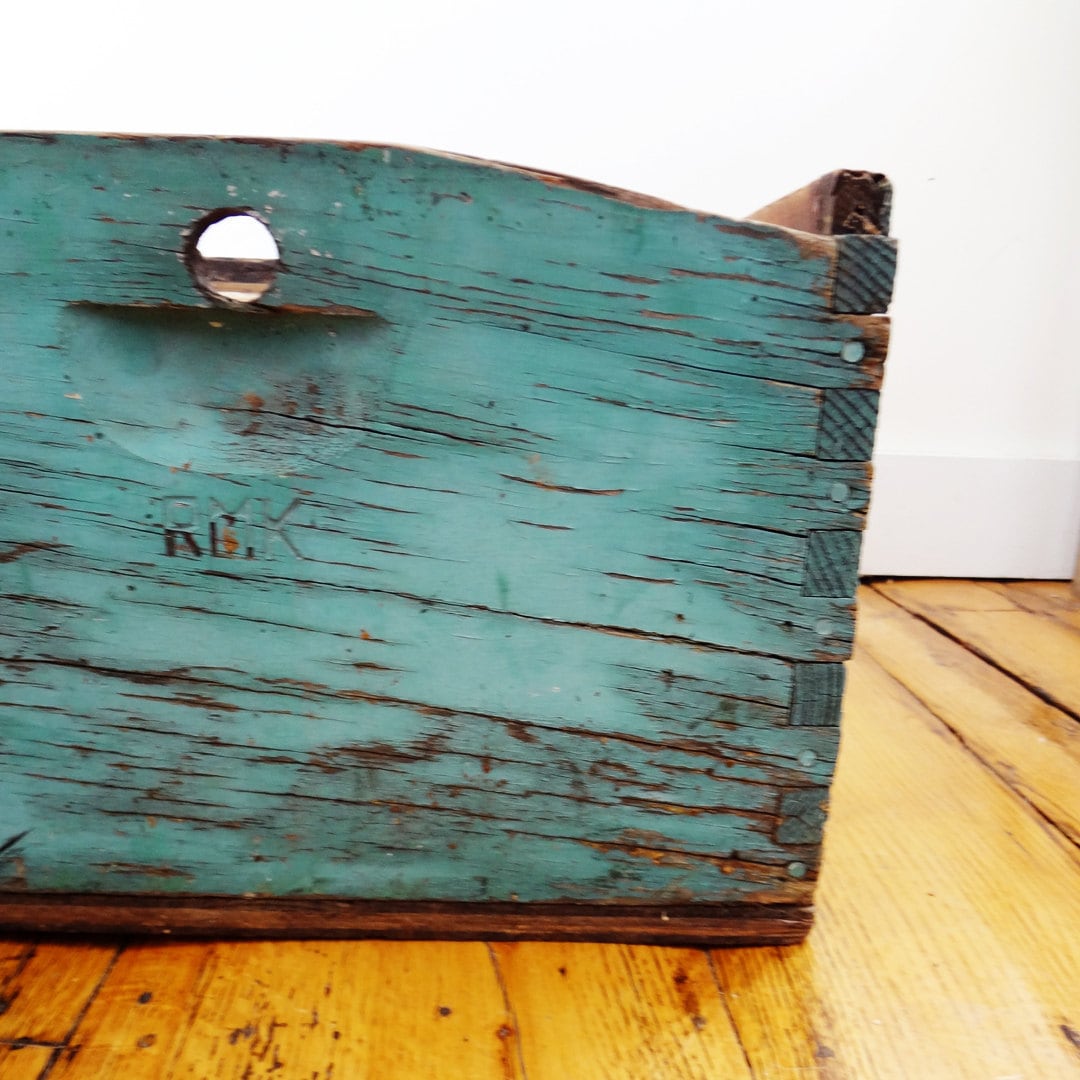 Antique Wood Crate Turquoise Old Paint Dovetailed Box