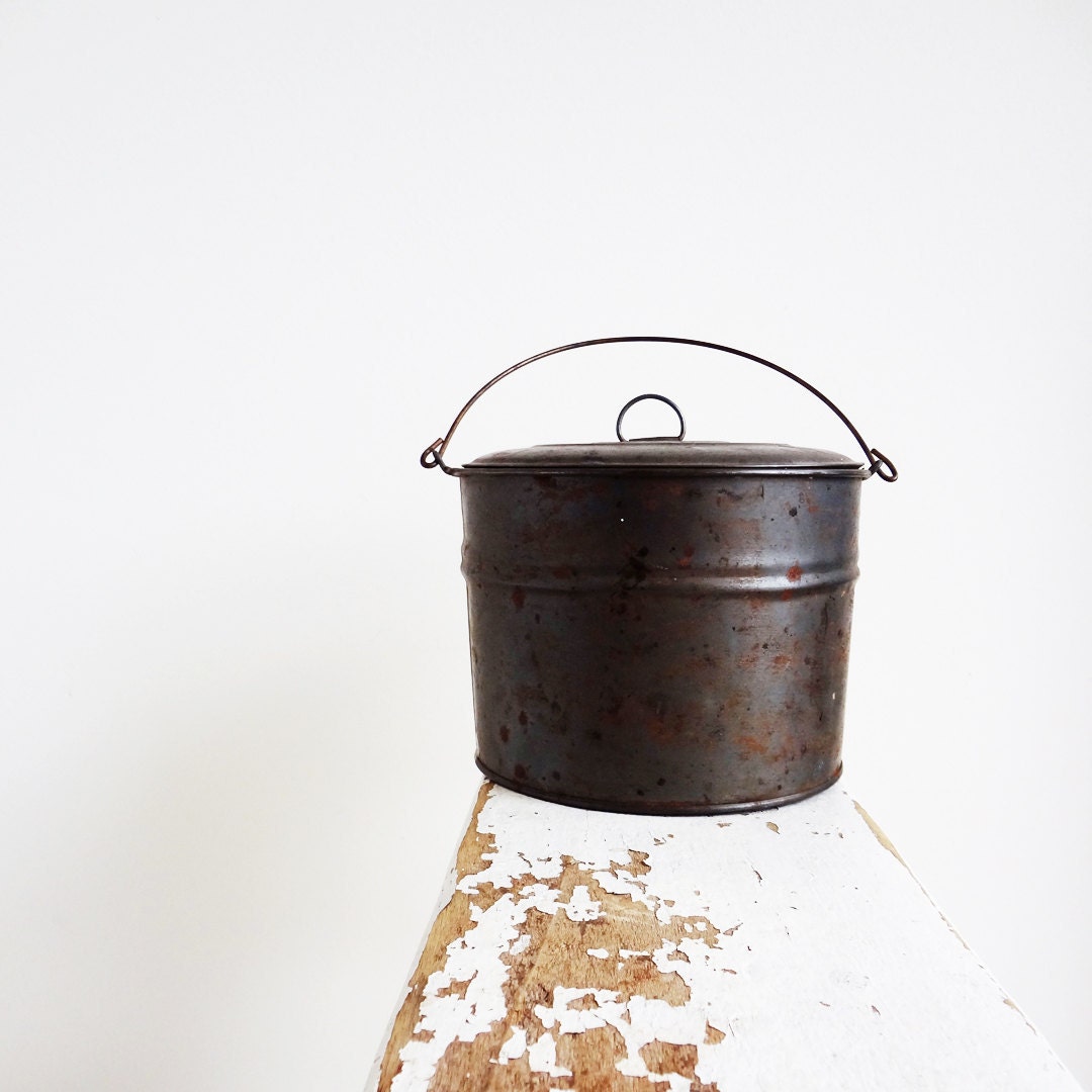 Antique Tin Bucket with Lid Berry Pail