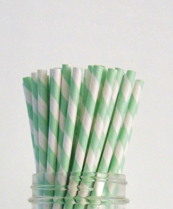25 Light Green Paper Straws Party Striped Straws