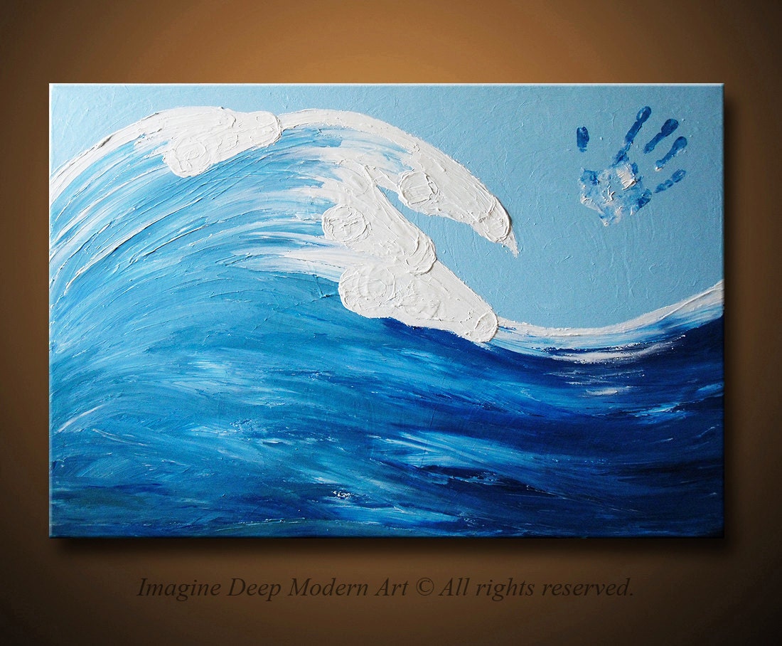 Ocean Wave Painting Blue Light Sky White Horses Large 36x24