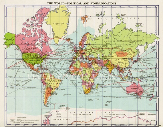 1940s Vintage World Map World Atlas