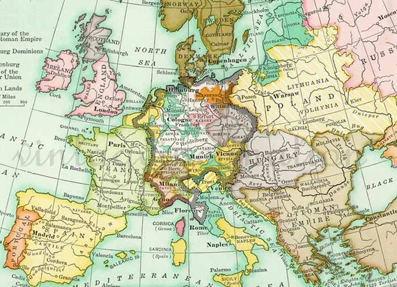 Vintage Europe Map 1930s mid century map Europe including