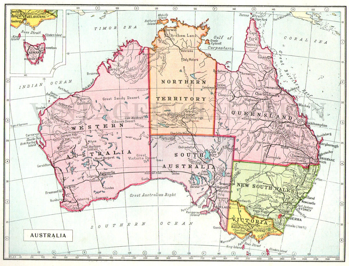 Vintage Australia map 1930 ORIGINAL map by VintageInclination