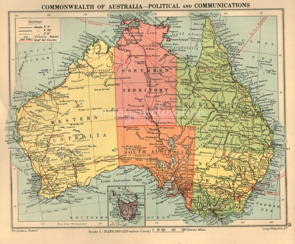 Antique 1948 AUSTRALIA map including state borders map