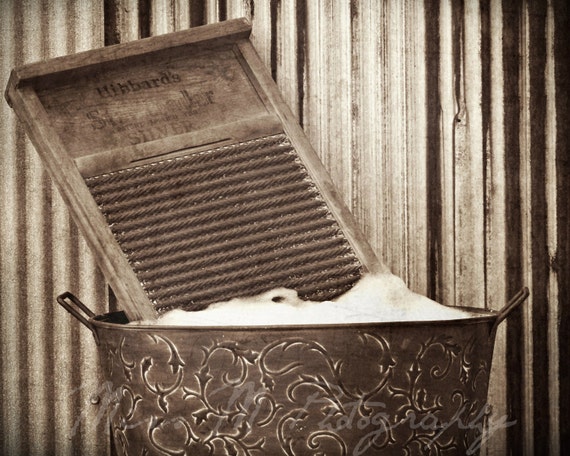 Vintage rustic sepia brown laundry washboard wash day