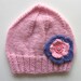 Girls Retro Handmade Pink Knitted Wool Beanie Hat - Flower & Buttons . Size - Age: 3 4 5