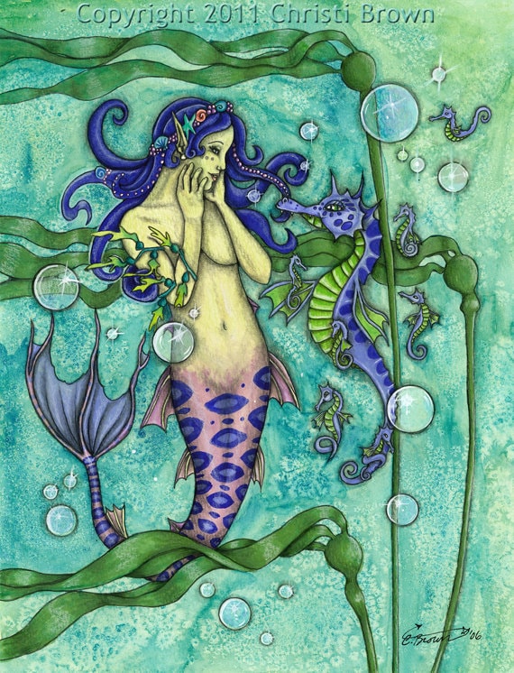 Mermaid Seahorse Watercolor Fantasy Art Print 11 x 14 Recycled