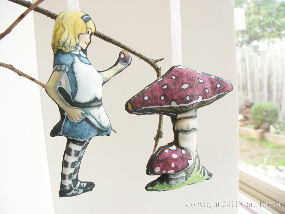 Alice in Wonderland Magic Mushroom Christmas Ornaments Handmade set of 2
