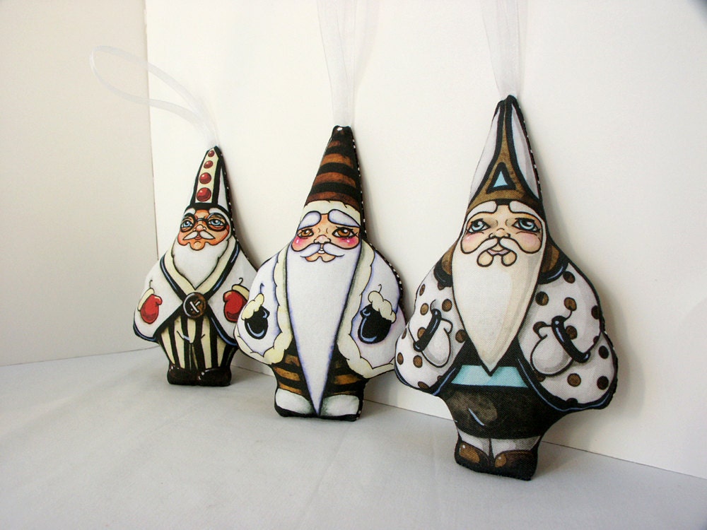 Santa Claus Christmas Ornament Folk Dolls Stuffed Plushies Set of Three Decorations, Handmade