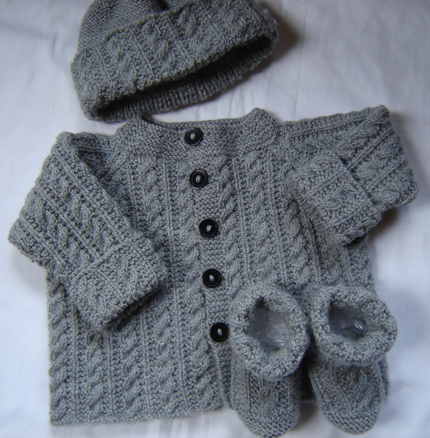 Baby Boy Sweater Set Hat Booties Hand Knit Gray Wool Size 3M