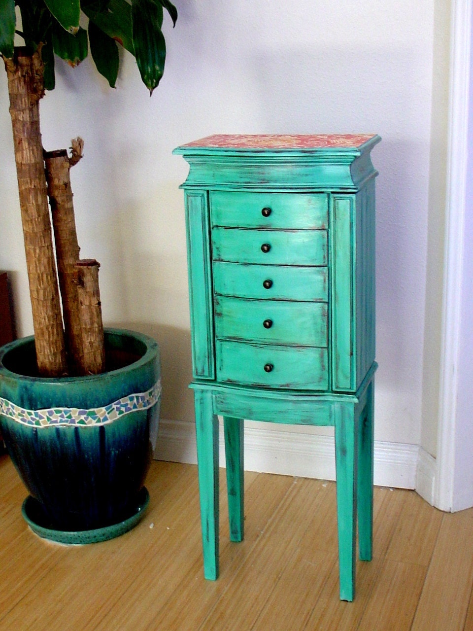 X Large Light Teal Wooden Jewelry Box / Chest