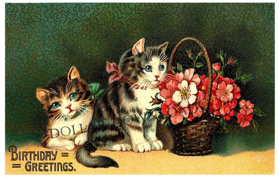 Items Similar To Victorian Birthday Greetings Postcard Kitty Cats Flower Basket Digital Image 6459