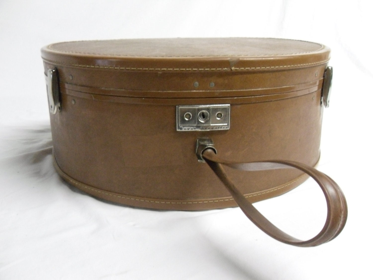 Brown Leather Luggage Vintage Hat Box Circle Case Retro Round