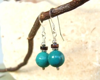 Round Turquoise Earrings. Chocolate Heishi Shell & Bali Sterling Silver Dangle Earrings. Genuine Turquoise Drop Earrings. Turquoise Jewelry