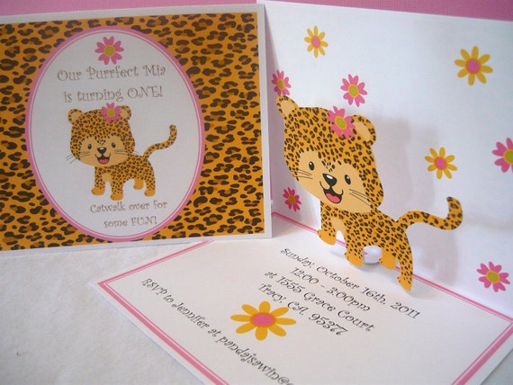 Pop up Birthday Invitations for a pink leopard print first birthday