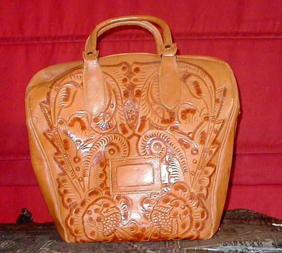 Vintage Mexican Hand Tooled Leather Bowling Bag