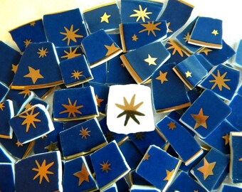 Mosaic China Tiles - STARS and more STARS - Gold and Royal Blue - 100 Tiles