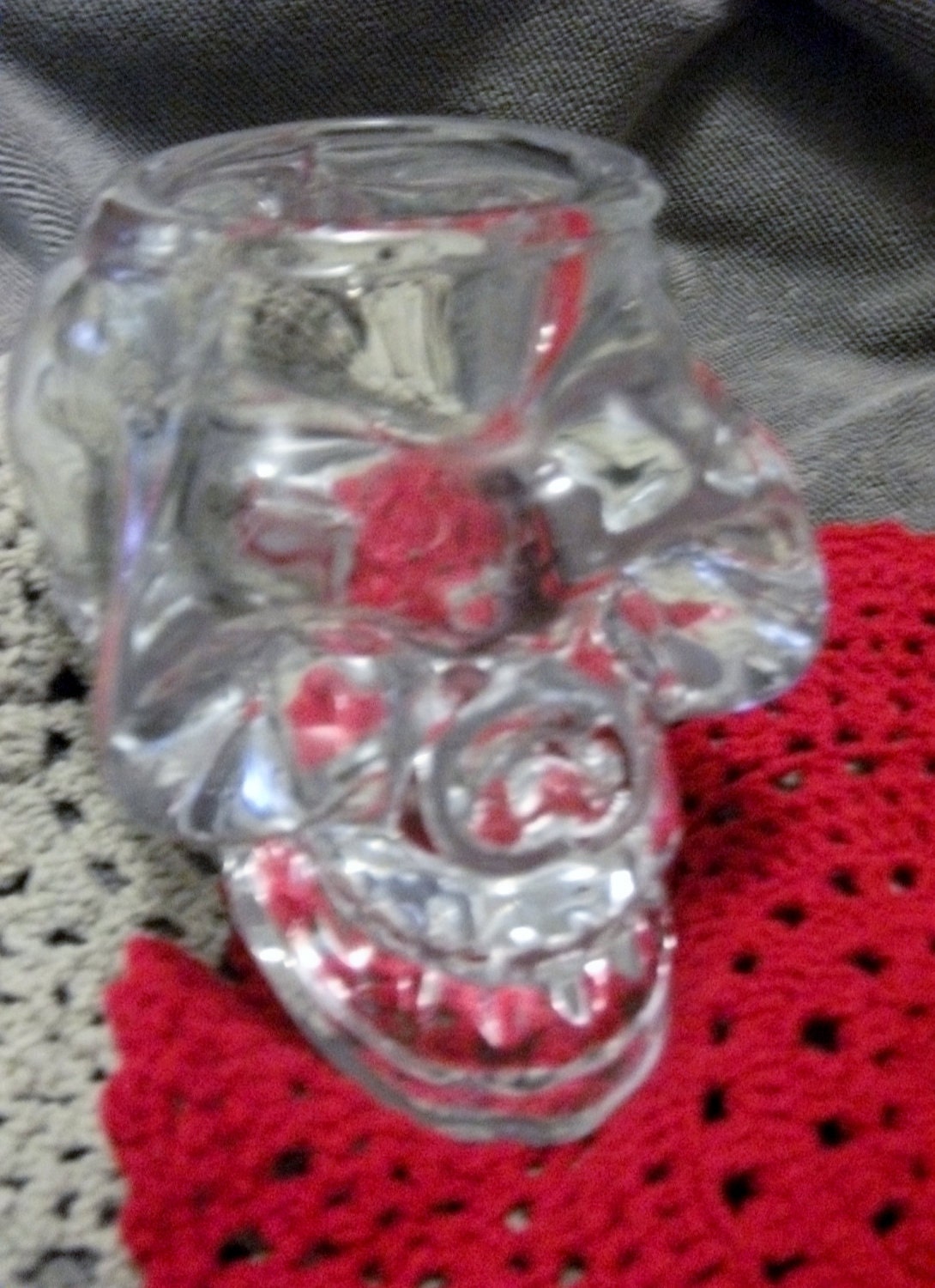Vintage Clear Glass Crystal Skull Candle Holder or Paperweight