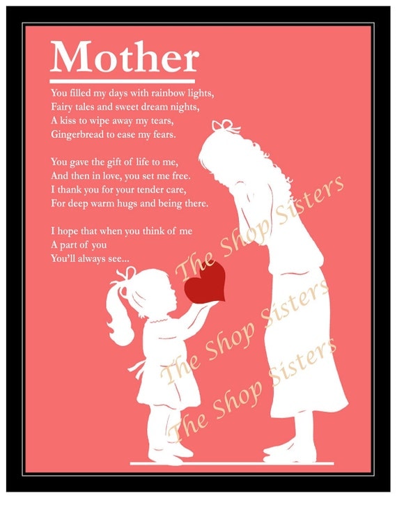 Items similar to Mother's Day Mother and Daughter Poem Heart Silhouette ...