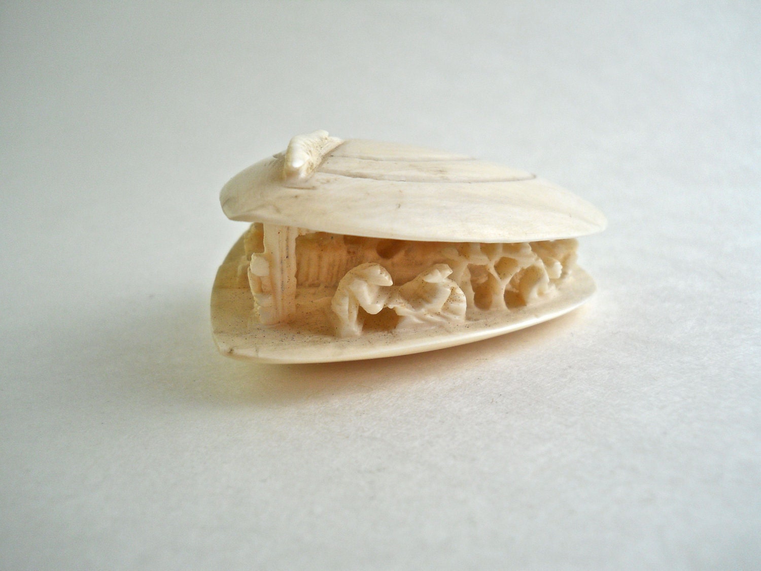 Ivory Carved Clam Shell Pastoral Scene Pre Ban.
