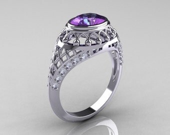 Modern Victorian 14K White Gold 1.16 Carat Oval Alexandrite 0.24 CTW Diamond Bridal Ring R158-14KWGDAL