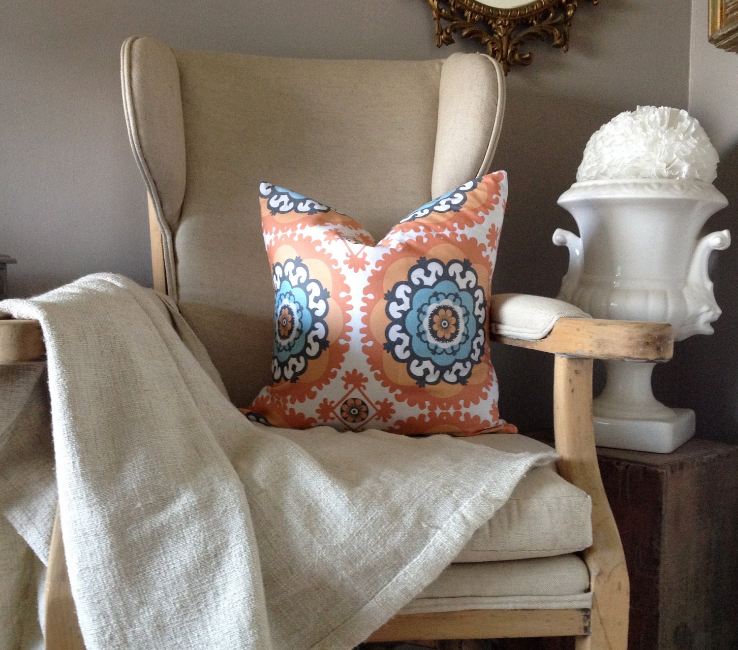 Blue and Orange Medallion Ikat Pillow Cover 18''