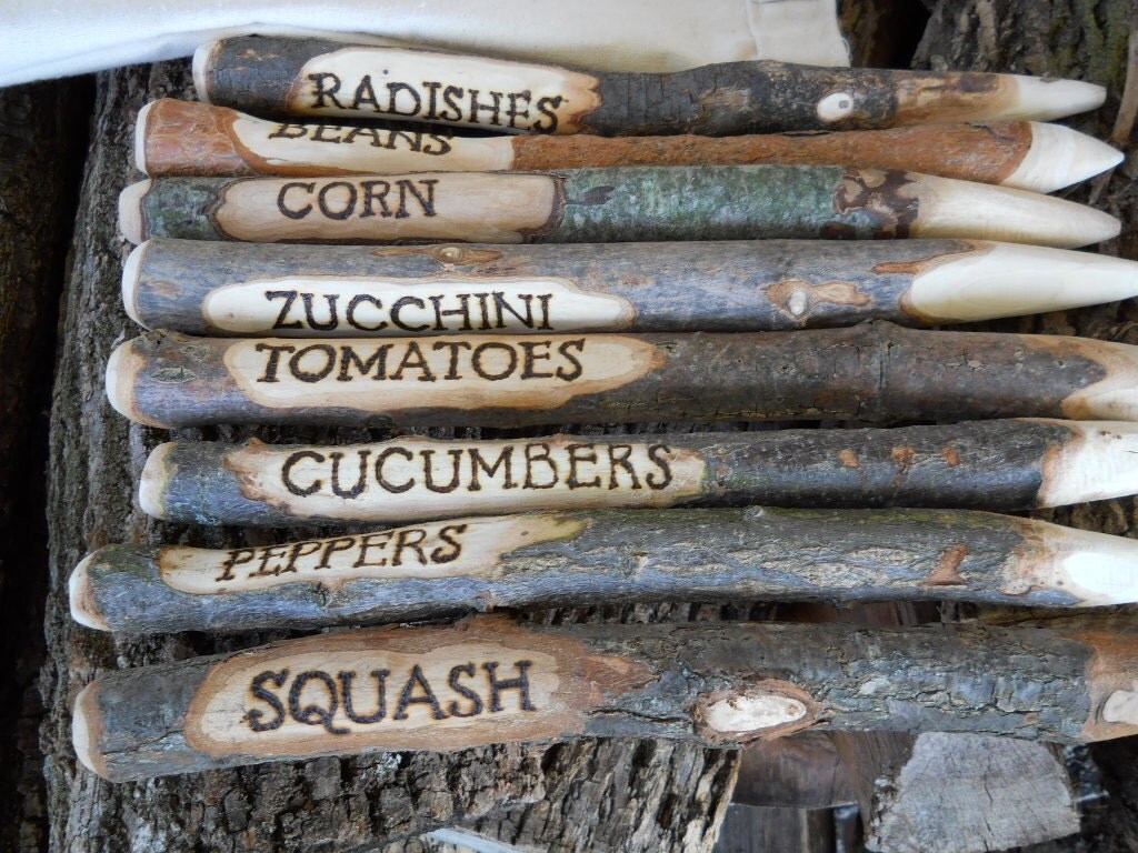 Items similar to 8 Rustic Wooden Personalized Garden Stakes or Markers with Tote Bag Wood