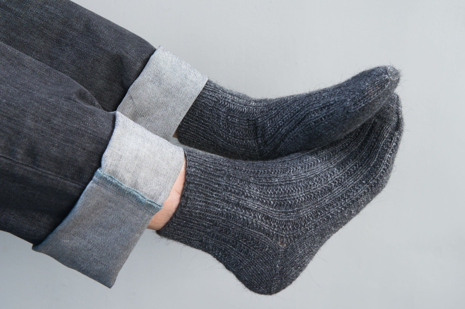 Hand Knitted Wool Socks man for him dark gray grey urban