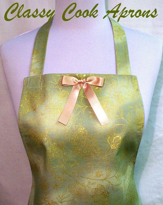 Apron GOLD Florals on SAGE Green Designer Print Ruffled