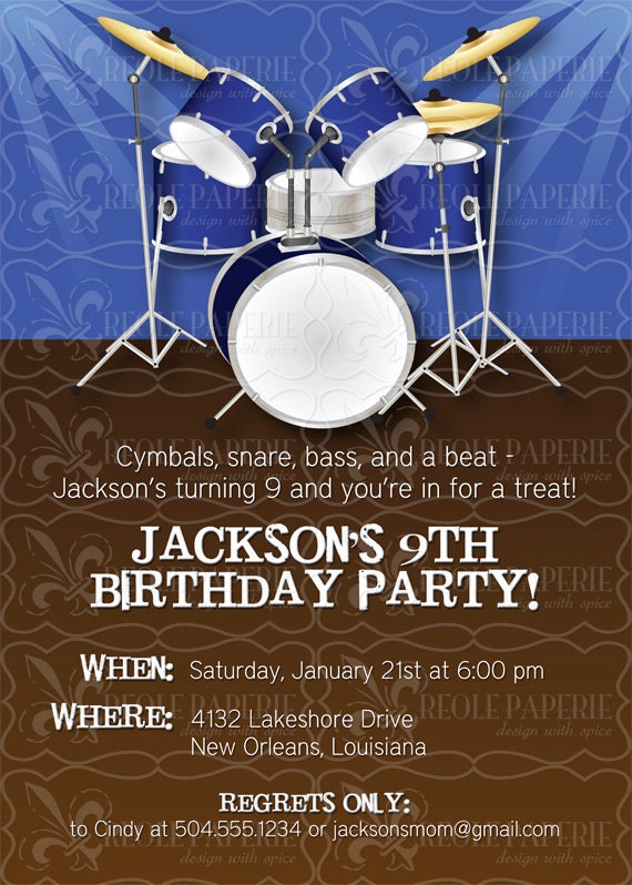 baby template name card boy/Drum themed Birthday party Drummer Invitation