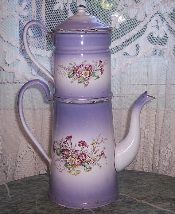 Antique French enamel coffee pot w flowers floral enamelware