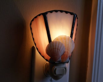 Pink and White Stained Glass Night Light w/Seashells Accents - Handcrafted Authentic Stained Glass - Authentic Seashells
