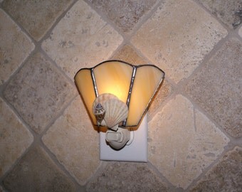 Seashell Accents Night Light - Handcrafted Authentic Stained Glass - Authentic Seashells - Wide Fan Design