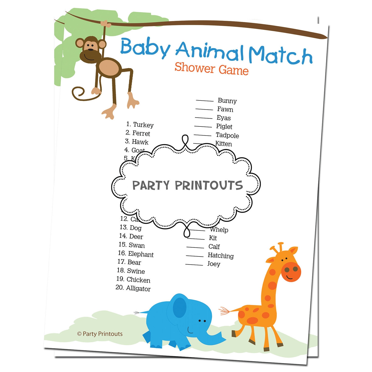 free printable baby shower games baby animals match