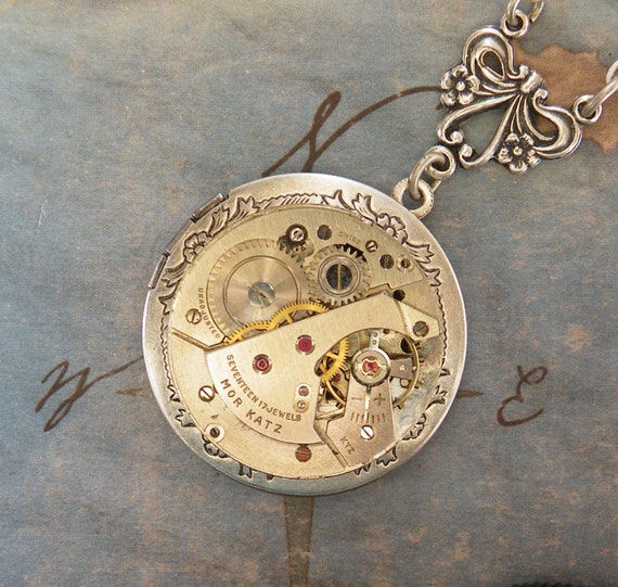 Steampunk Locket Silver Clock Works Locket