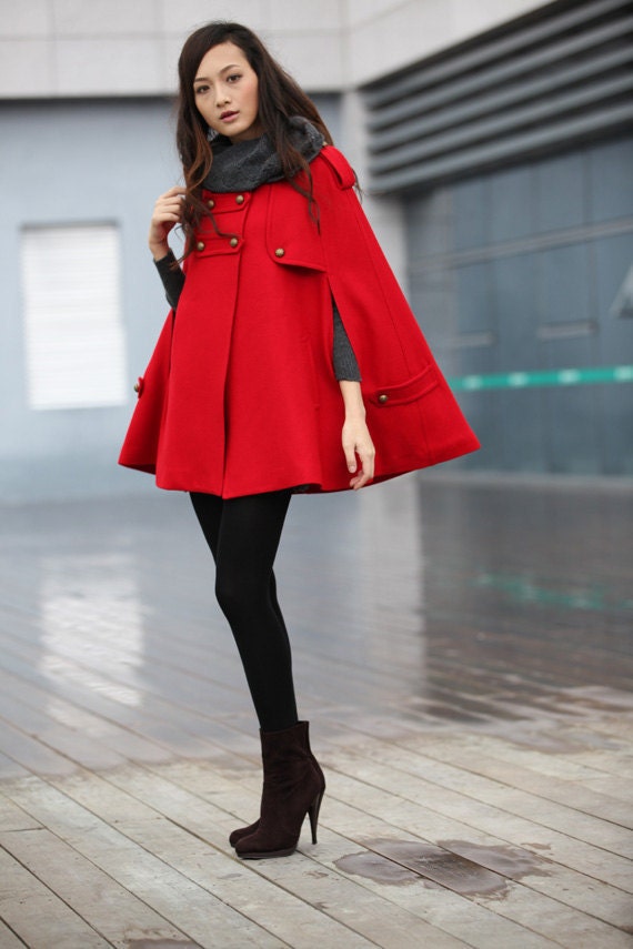 RED Cape Coat Double Breasted Cape Hooded Wool Winter Cape Coat Hood Wool Cloak Hoodie Cashmere Cape Jacket for Women - NC227