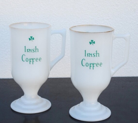 Vintage Irish Coffee Cups White Glass Footed Mug Green