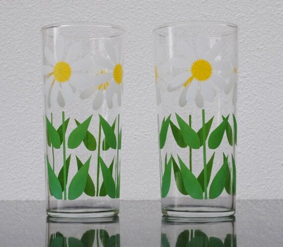 Daisy Flower Drinking Glasses Crazy Daisies Tall Vintage