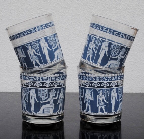 Rocks Drink Glasses Egyptian Design Blue & White Vintage
